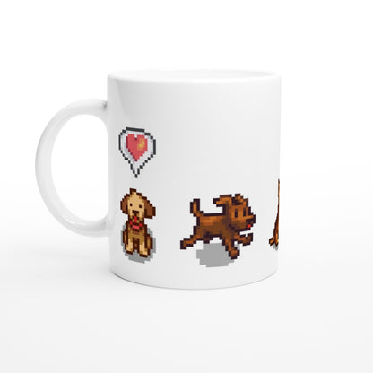 A white mug displays pixel art of dogs from Stardew Valley, including one with a heart-shaped icon above it.