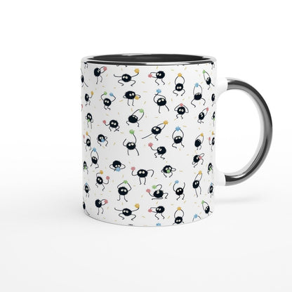 A white ceramic mug features a repeating pattern of black Soot Sprites, also known as dust sprites from Studio Ghibli's Spirited Away, each accented with colorful details.