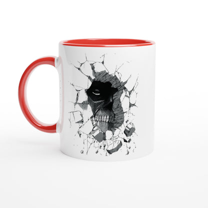 The white ceramic mug features a design depicting the Colossal Titan from Attack on Titan seemingly breaking through a wall.