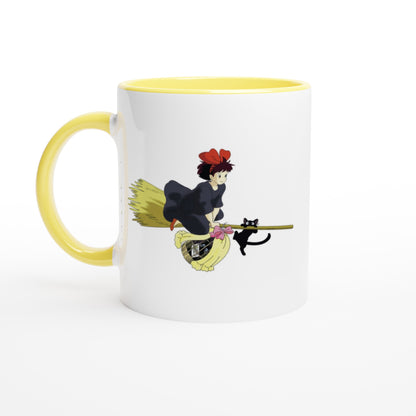A Kiki's Delivery Service mug depicts a character riding a flying broomstick with a black cat, inspired by Studio Ghibli.
