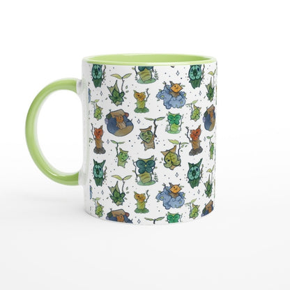 This white ceramic mug features a repeating pattern of Korok characters from The Legend of Zelda: Breath of the Wild and Tears of the Kingdom.