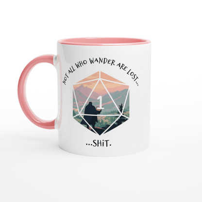 A white mug with a pink handle features a D20 die displaying a "1" and text referencing a D&D adventure and critical failure.