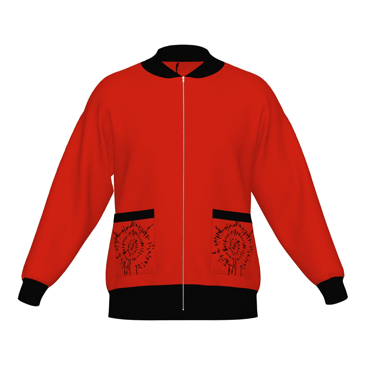 Front of the BG3 Astarion inspired infernal runes knitted bomber jacket in red with black cuffs, collar and trim