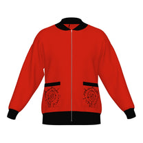 Front of the BG3 Astarion inspired infernal runes knitted bomber jacket in red with black cuffs, collar and trim