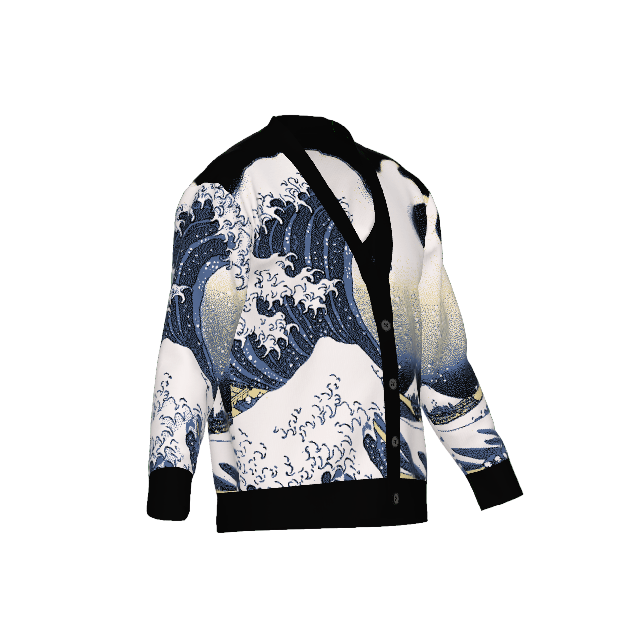 Knitted cardigan with Great wave design on a white background
