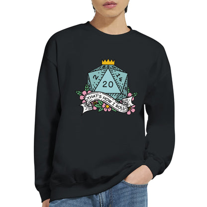 A person wearing a black Gildan® D&D crewneck sweatshirt displays a graphic of a D20 die surrounded by floral elements and the words "That's How I Roll.