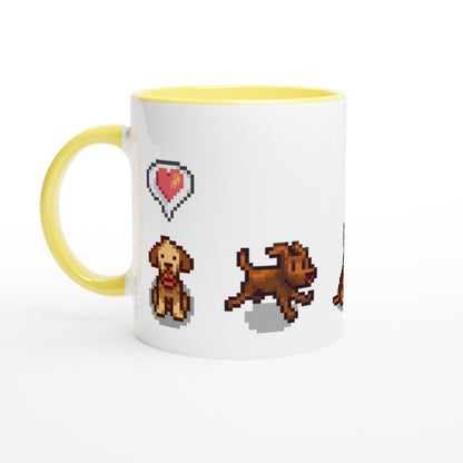 A white mug with a yellow handle and rim features pixel art of dogs from Stardew Valley alongside a heart emote.