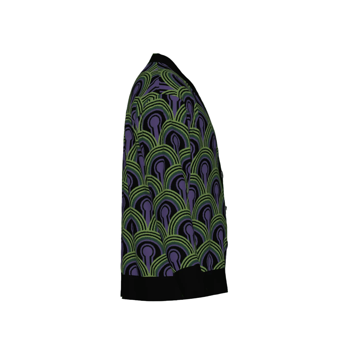 Room 237 Wallpaper pattern cardigan from The Overlook Hotel In Stephen King's The Shining. Green, purple and black knitwear on a white background.