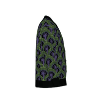 Room 237 Wallpaper pattern cardigan from The Overlook Hotel In Stephen King's The Shining. Green, purple and black knitwear on a white background.