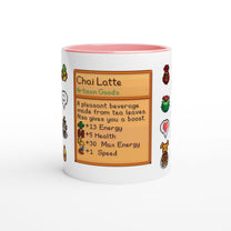 A white mug with a red rim displays a Stardew Drinks pattern featuring pixelated sprites and information about a Chai Latte beverage.