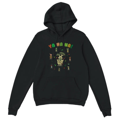 Black Zelda hoodie with a colorful Hestu and Koroks graphic design on a white background