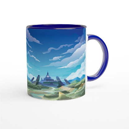 An 11oz mug depicts a Hyrule landscape from The Legend of Zelda: Tears of the Kingdom (TOTK) and Breath of the Wild (BOTW).