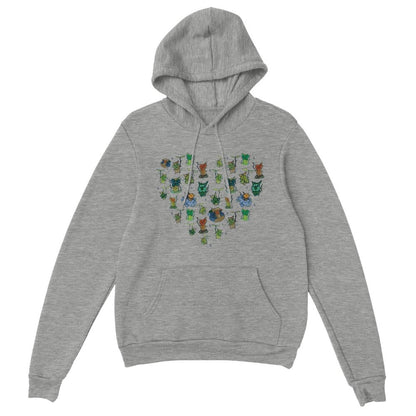 A gray hoodie displays a heart-shaped pattern of Korok characters from The Legend of Zelda: Tears of the Kingdom and Breath of the Wild.