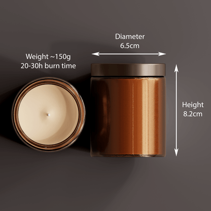 A pair of amber glass jars, one open revealing a lit candle, display measurements for diameter and height alongside weight and burn time details.
