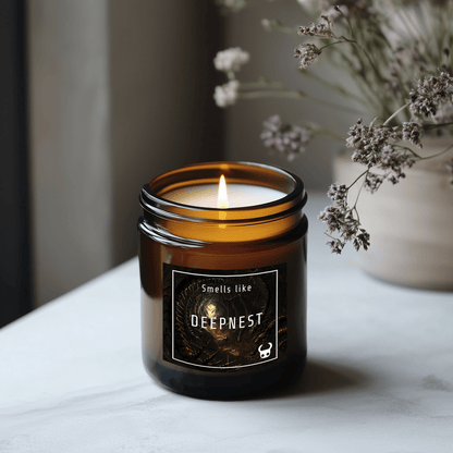A brown glass candle jar labeled "Smells like DEEPNEST" sits on a white marble surface next to dried flowers.