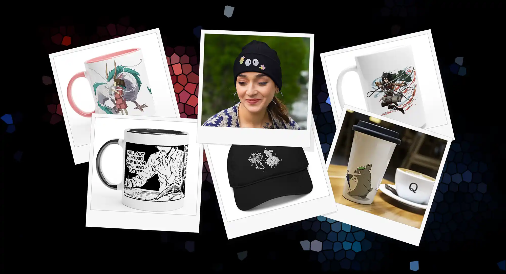 College of Anime collection products including Studio Ghibli clothing from hats to hoodies, JJK merch, Deathnote mugs