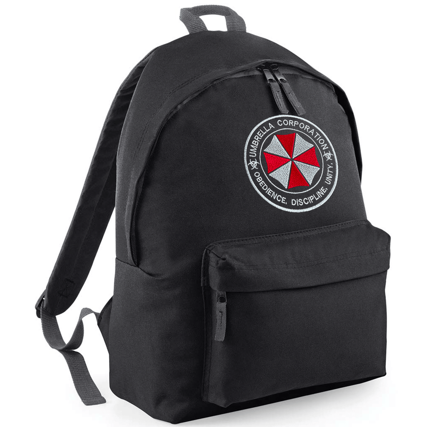 Black backpack with Umbrella Corporation logo on a white background