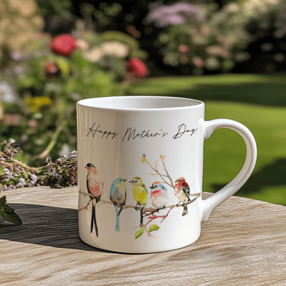 A white china mug displays watercolour birds perched on a branch alongside the handwritten phrase "Happy Mother's Day".