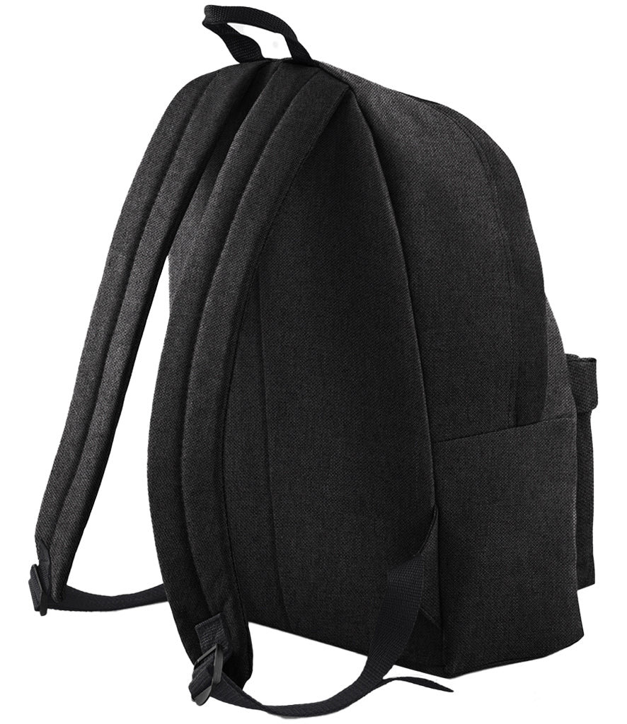 Black backpack reverse view on a white background