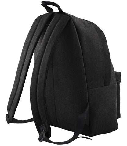 Black backpack reverse view on a white background