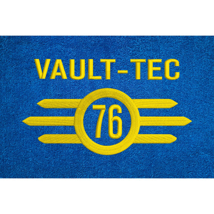 The blue bathrobe displays an embroidered Vault-Tec logo with the number 76, referencing the Fallout video game series.