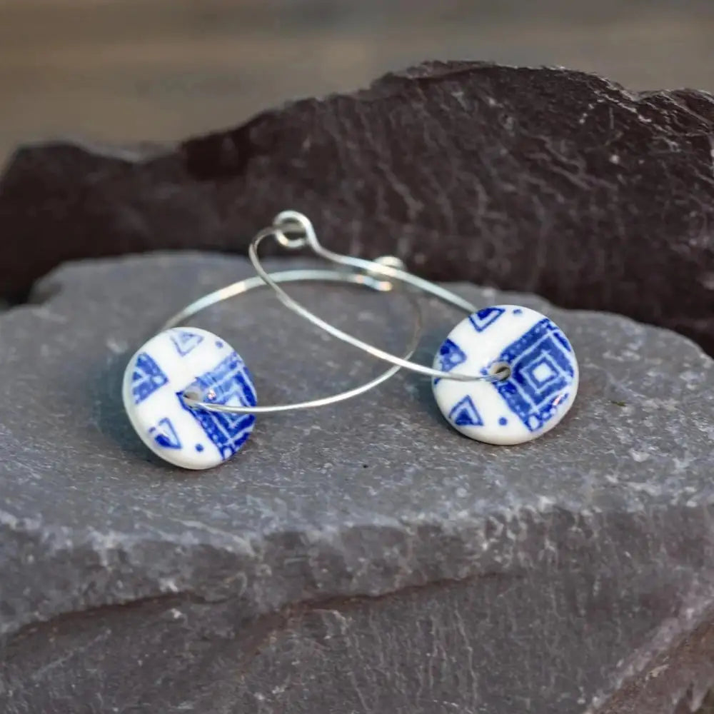 Blue Ginkgo Print Porcelain Hoop Earrings in Silver or Gold