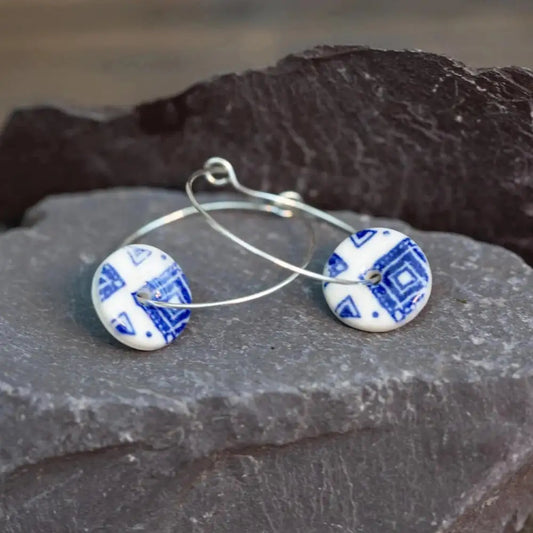 Blue Ginkgo Print Porcelain Hoop Earrings in Silver or Gold