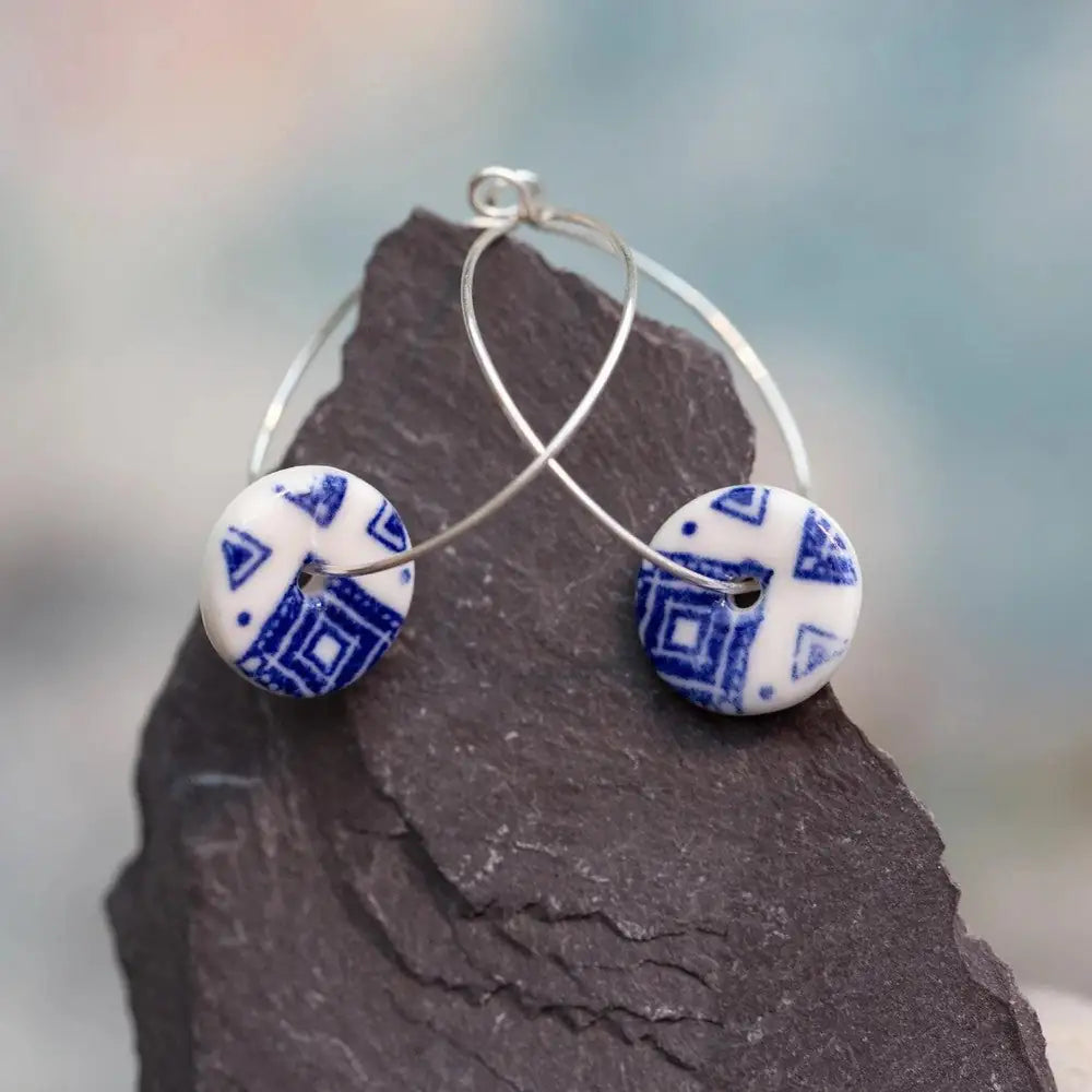 Blue Ginkgo Print Porcelain Hoop Earrings in Silver or Gold
