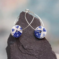 Blue Ginkgo Print Porcelain Hoop Earrings in Silver or Gold