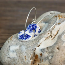 Blue Ginkgo Print Porcelain Hoop Earrings in Silver or Gold