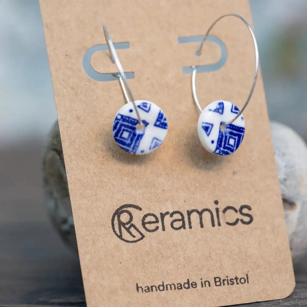 Blue Ginkgo Print Porcelain Hoop Earrings in Silver or Gold