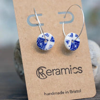 Blue Ginkgo Print Porcelain Hoop Earrings in Silver or Gold