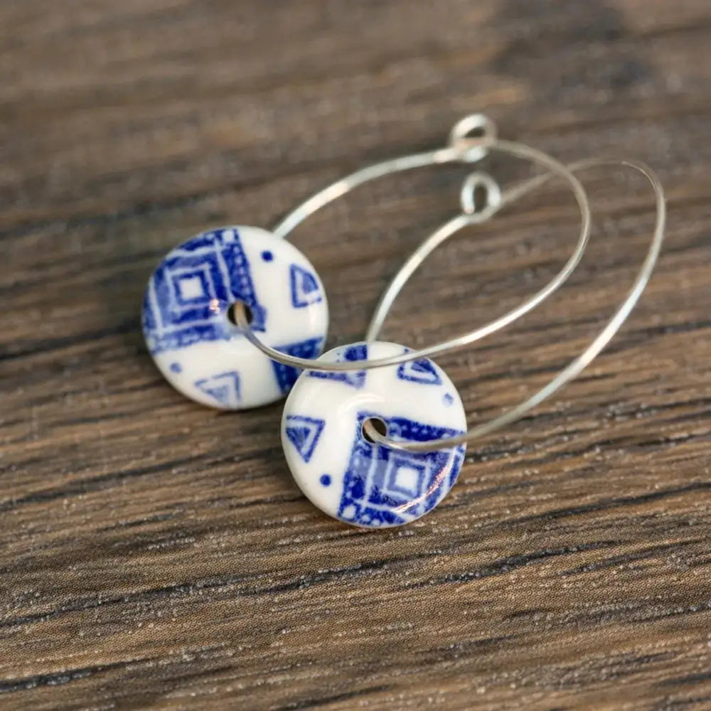 Blue Ginkgo Print Porcelain Hoop Earrings in Silver or Gold