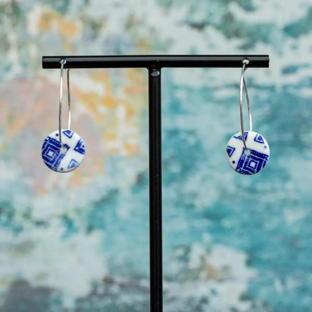 Blue Ginkgo Print Porcelain Hoop Earrings in Silver or Gold