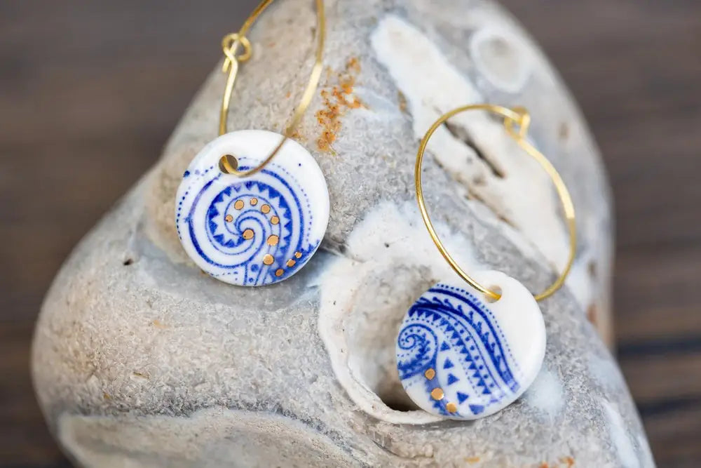 Blue Paisley and Gold Earrings, Handmade Porcelain Jewellery