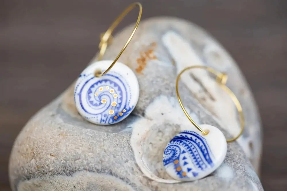 Blue Paisley and Gold Earrings, Handmade Porcelain Jewellery
