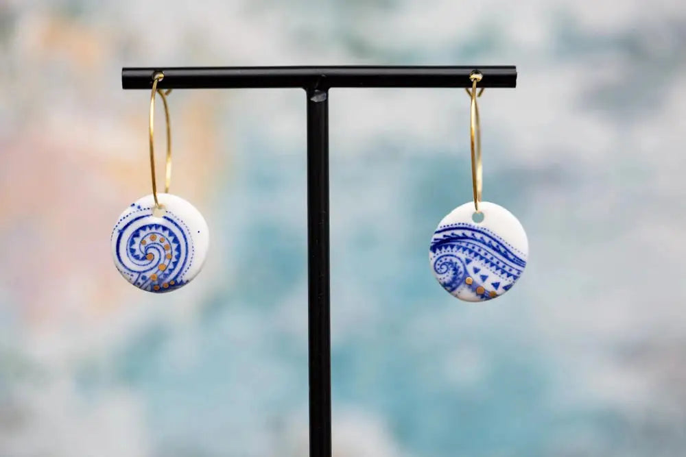 Blue Paisley and Gold Earrings, Handmade Porcelain Jewellery