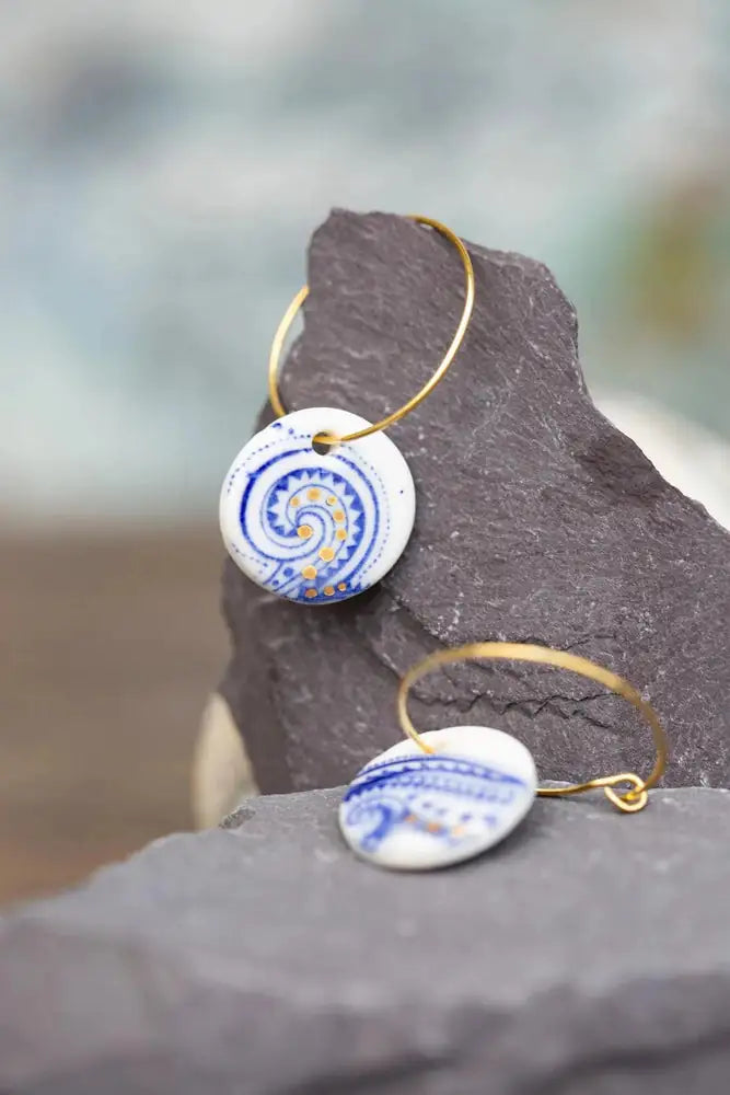 Blue Paisley and Gold Earrings, Handmade Porcelain Jewellery