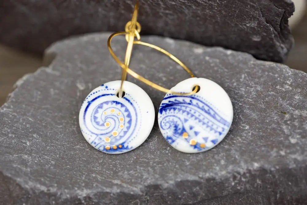 Blue Paisley and Gold Earrings, Handmade Porcelain Jewellery