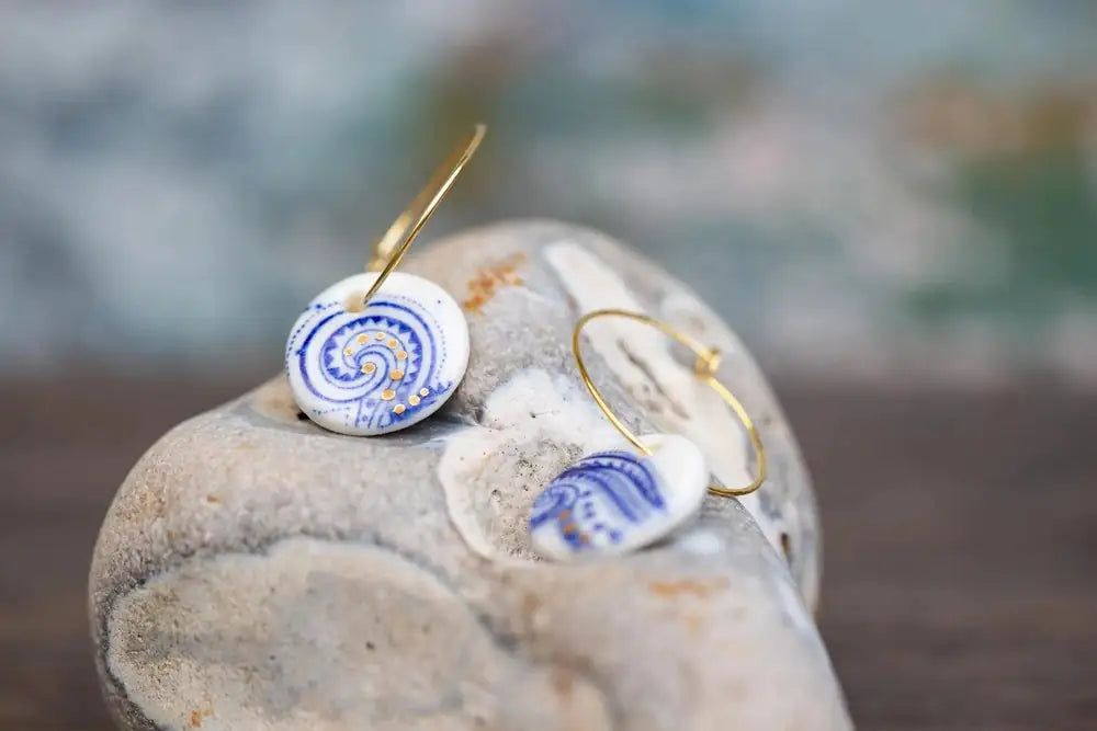 Blue Paisley and Gold Earrings, Handmade Porcelain Jewellery