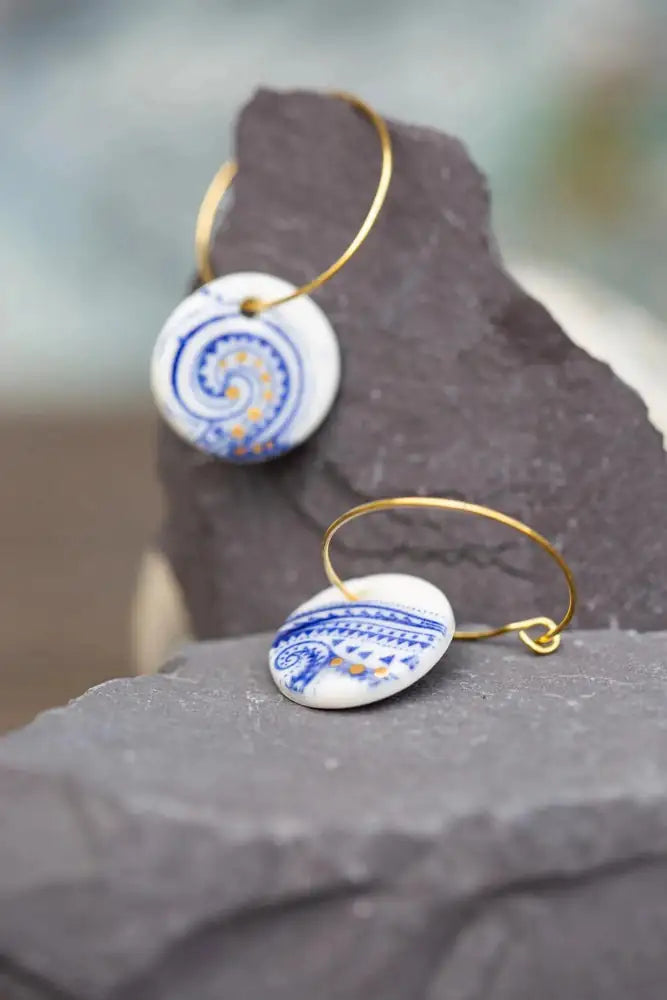 Blue Paisley and Gold Earrings, Handmade Porcelain Jewellery