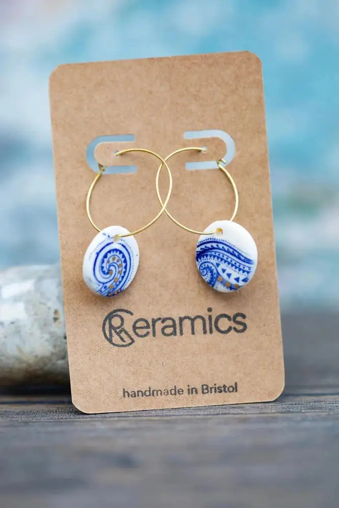 Blue Paisley and Gold Earrings, Handmade Porcelain Jewellery