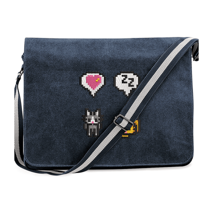 A navy blue messenger bag features embroidered icons and emotes inspired by Stardew Valley, including a heart, number 22, cats, and a pickaxe.