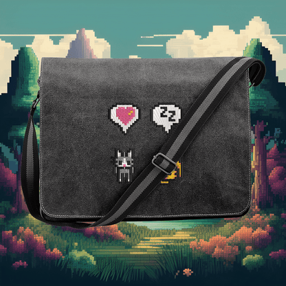 A black Stardew Cats messenger bag features embroidered icons including a heart, speech bubble, and cat face against a pixelated landscape background.