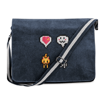 A navy blue messenger bag features embroidered pixelated icons resembling hearts, ghosts, and a character from Stardew Valley.