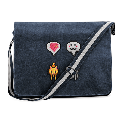 A navy blue messenger bag features embroidered pixelated icons resembling hearts, ghosts, and a character from Stardew Valley.