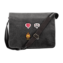 A gray Stardew Cats messenger bag features embroidered pixelated icons including a heart, ghost, and campfire.