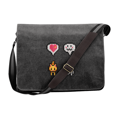A gray Stardew Cats messenger bag features embroidered pixelated icons including a heart, ghost, and campfire.
