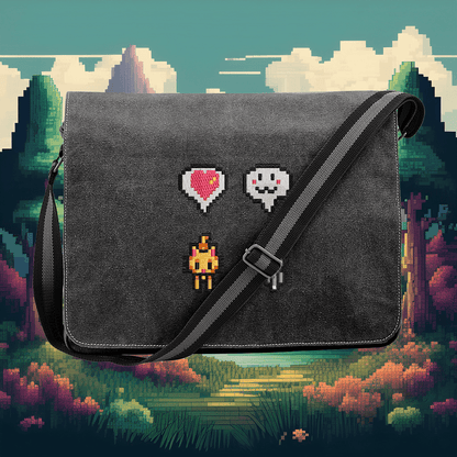 A black Stardew Cats messenger bag features embroidered icons including a heart, ghost, and campfire against a pixelated landscape background.