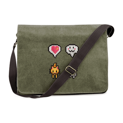 This green messenger bag features embroidered pixelated icons and emotes inspired by Stardew Valley.